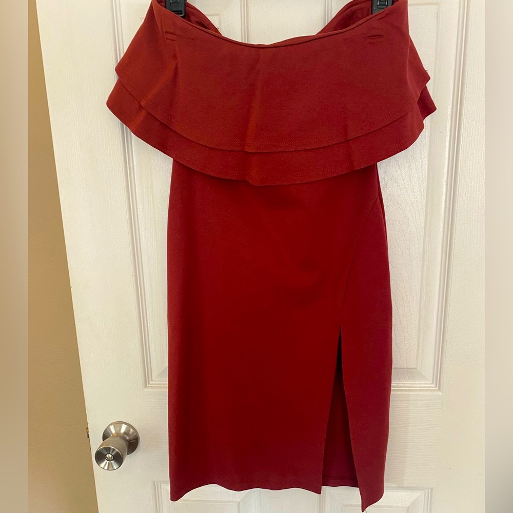 Rusty Red Strapless Ruffle Trim Dress w/ Leg Slit